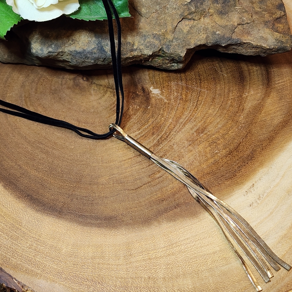 Boho Long Black Velvety Necklace With Gold Toned Chain Tassel Pendant